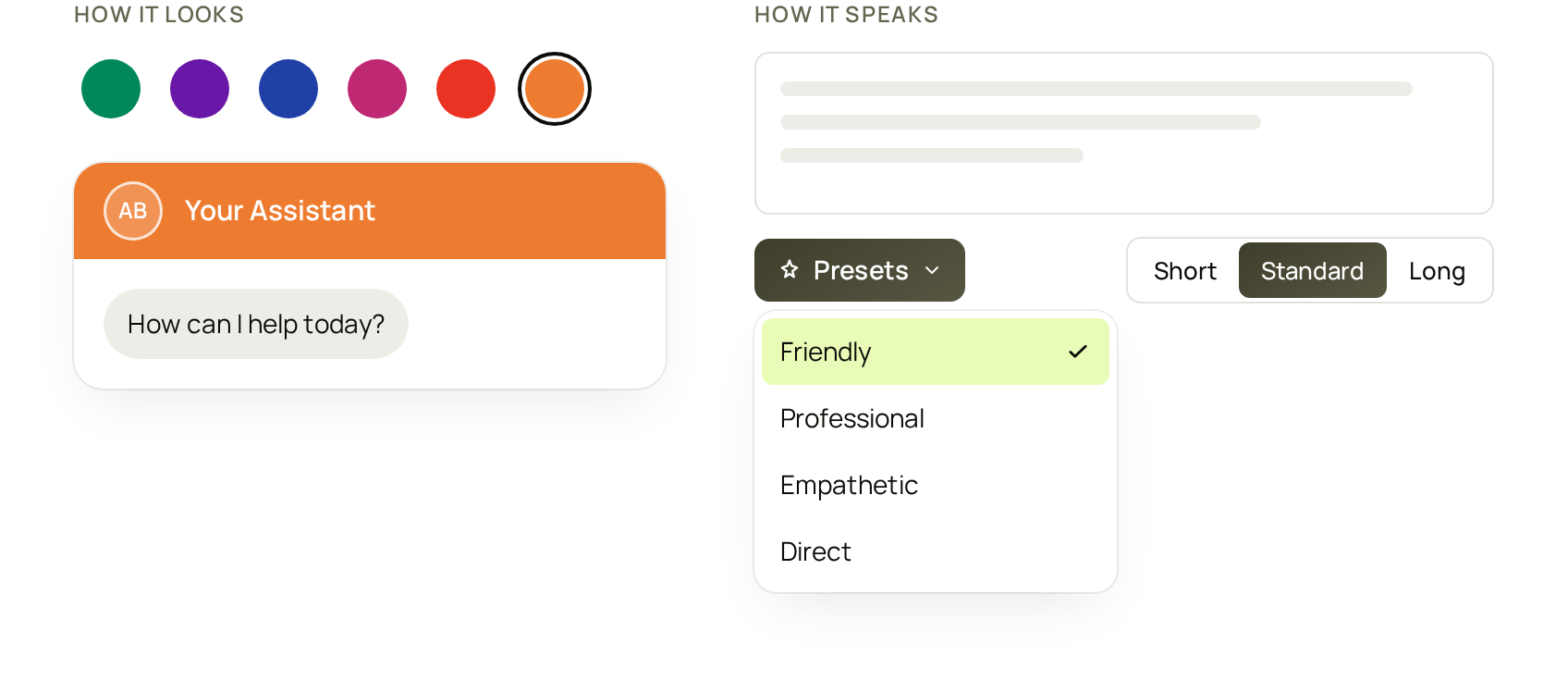 Colour swatches with green chosen, and the chat widget in that green; beside it the tone settings, with the Friendly preset and a standard answer length.