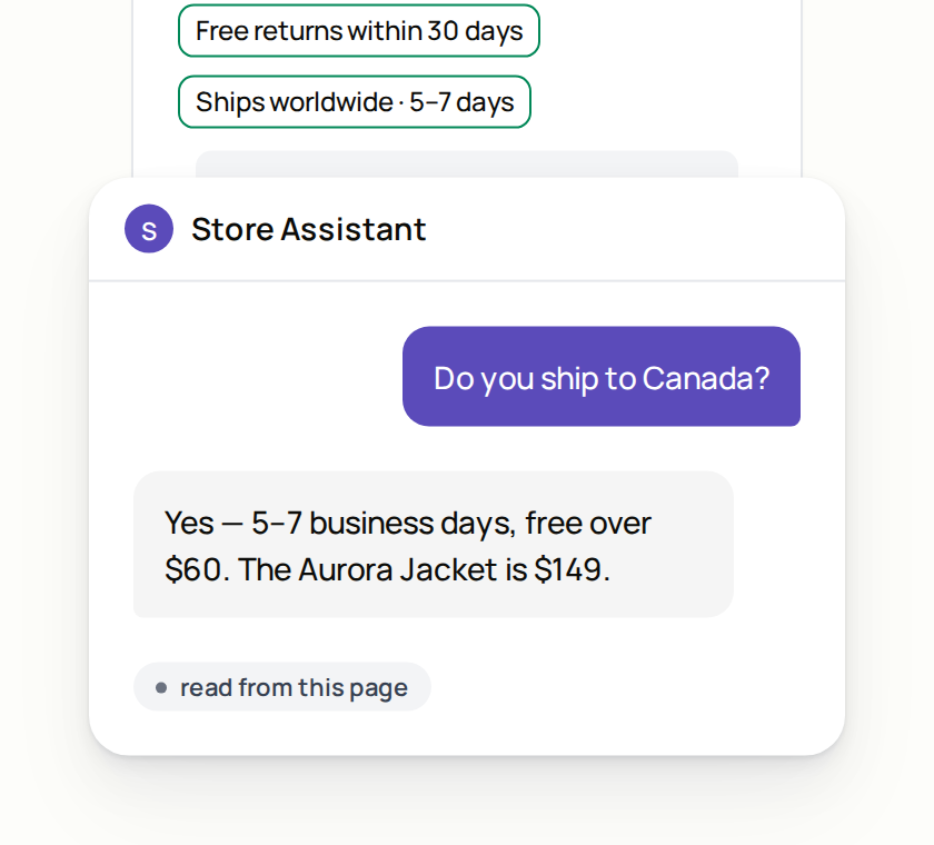 A product page with its price and delivery lines ringed, beside an assistant answering a shipping question with those same numbers.