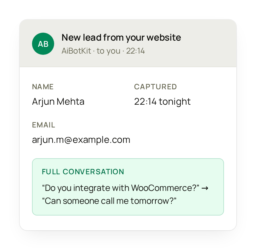 An email titled New lead from your website, with the visitor's name, the time, their email address and the full conversation.