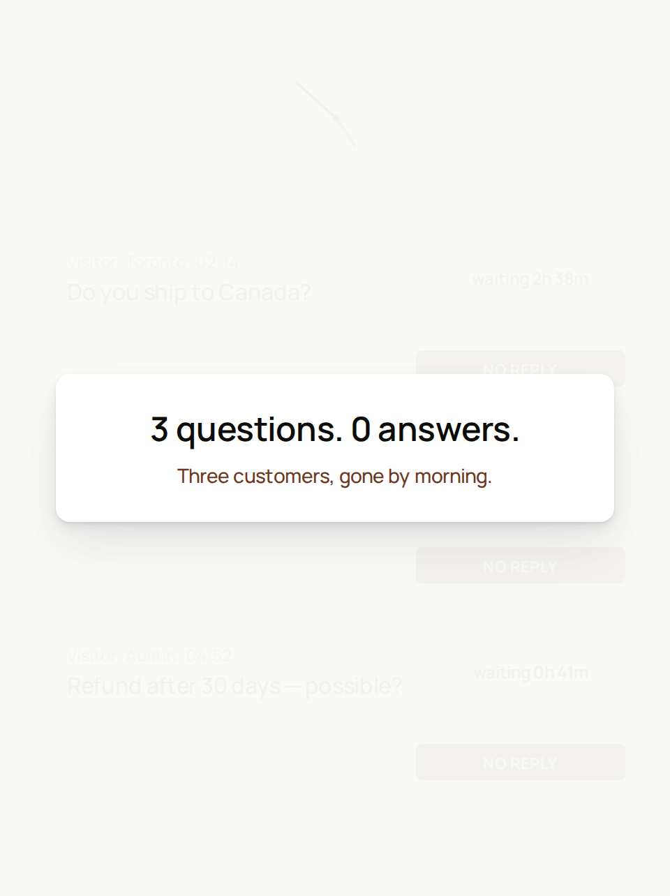 Three overnight visitor questions, each with an empty slot reading no reply, under a card reading 3 questions. 0 answers.
