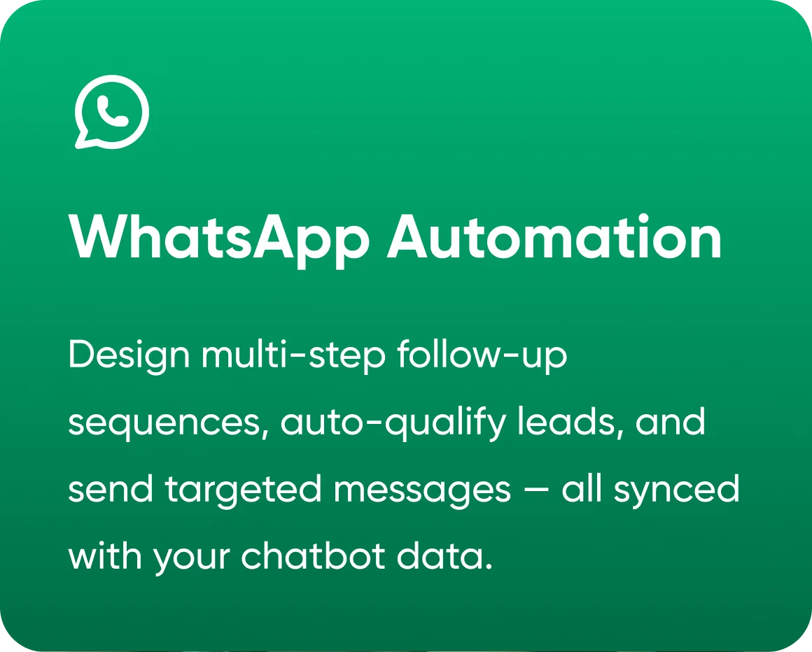 WhatsApp Automation — design multi-step follow-up sequences, auto-qualify leads, and send targeted messages, all synced with your chatbot data.