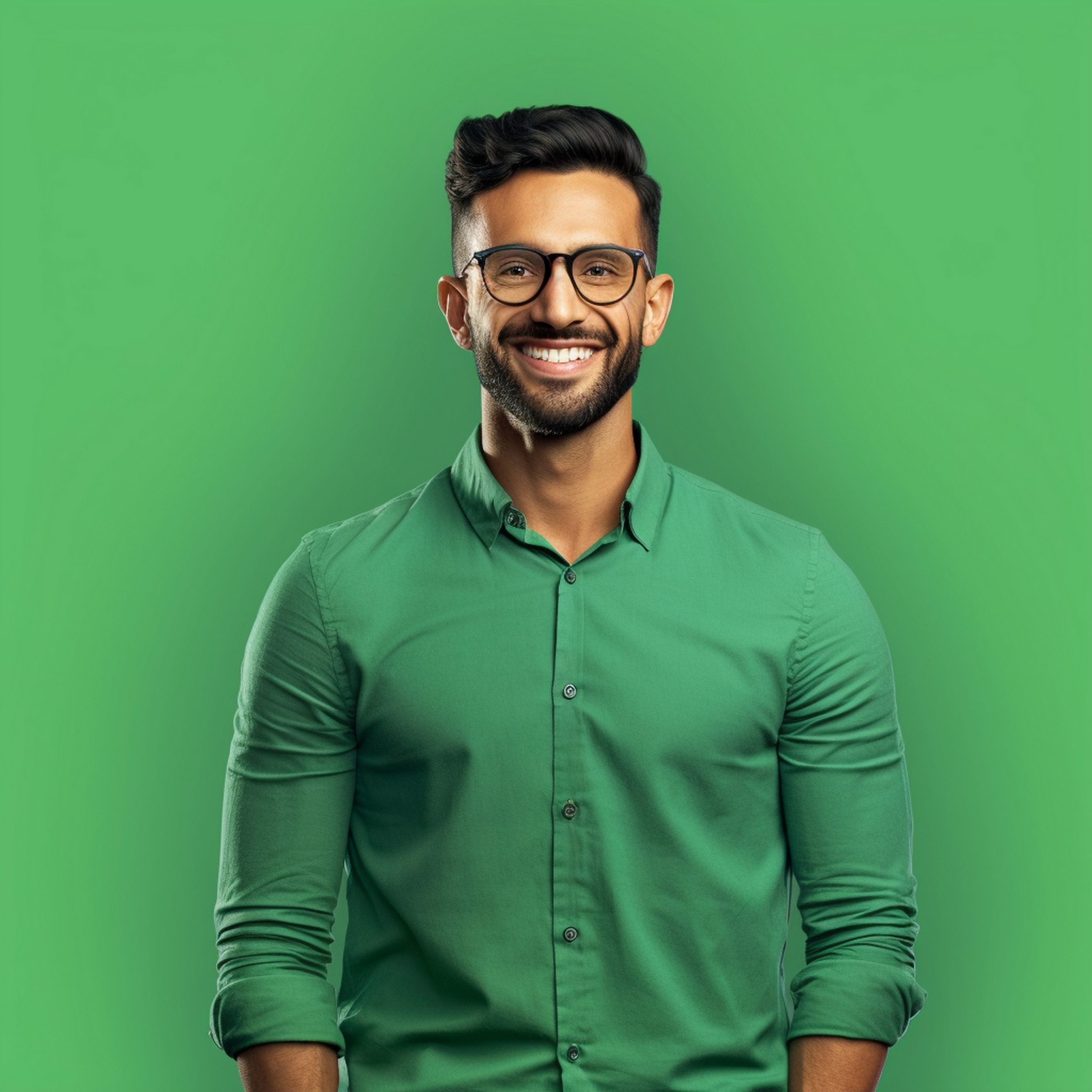 Services 24 man wearing glasses green shirt with green shirt that says he is smiling