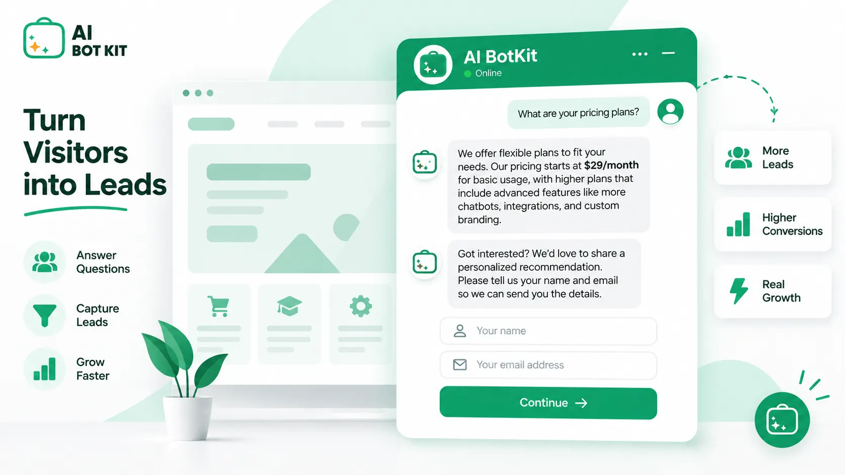 a website lead generation chatbot mid-conversation, showing the bot answering a pricing question and then asking for the visitor's name and email