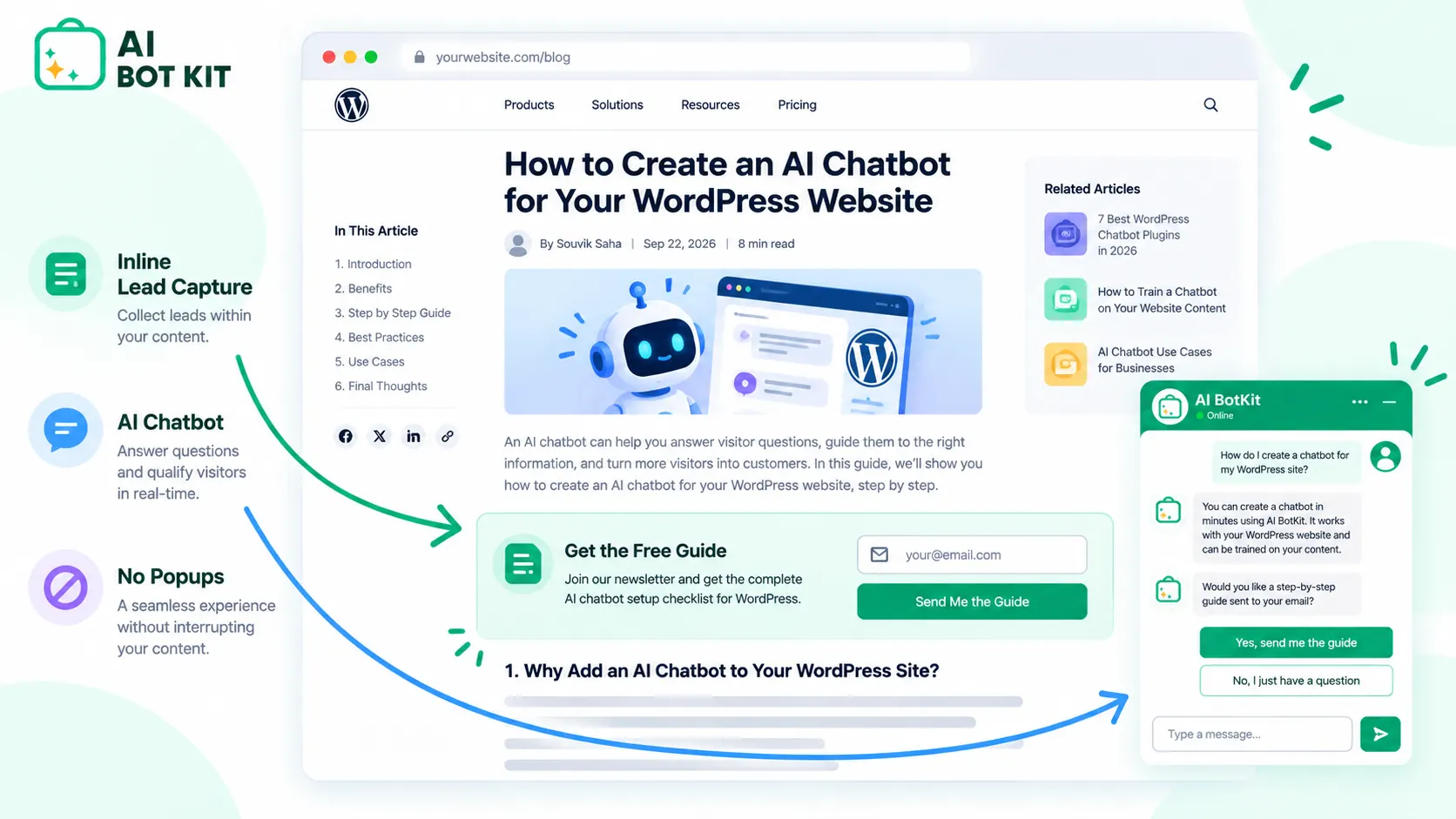 A WordPress blog post with an inline sign-up box mid-article and a chat widget in the corner, with no overlay covering the content