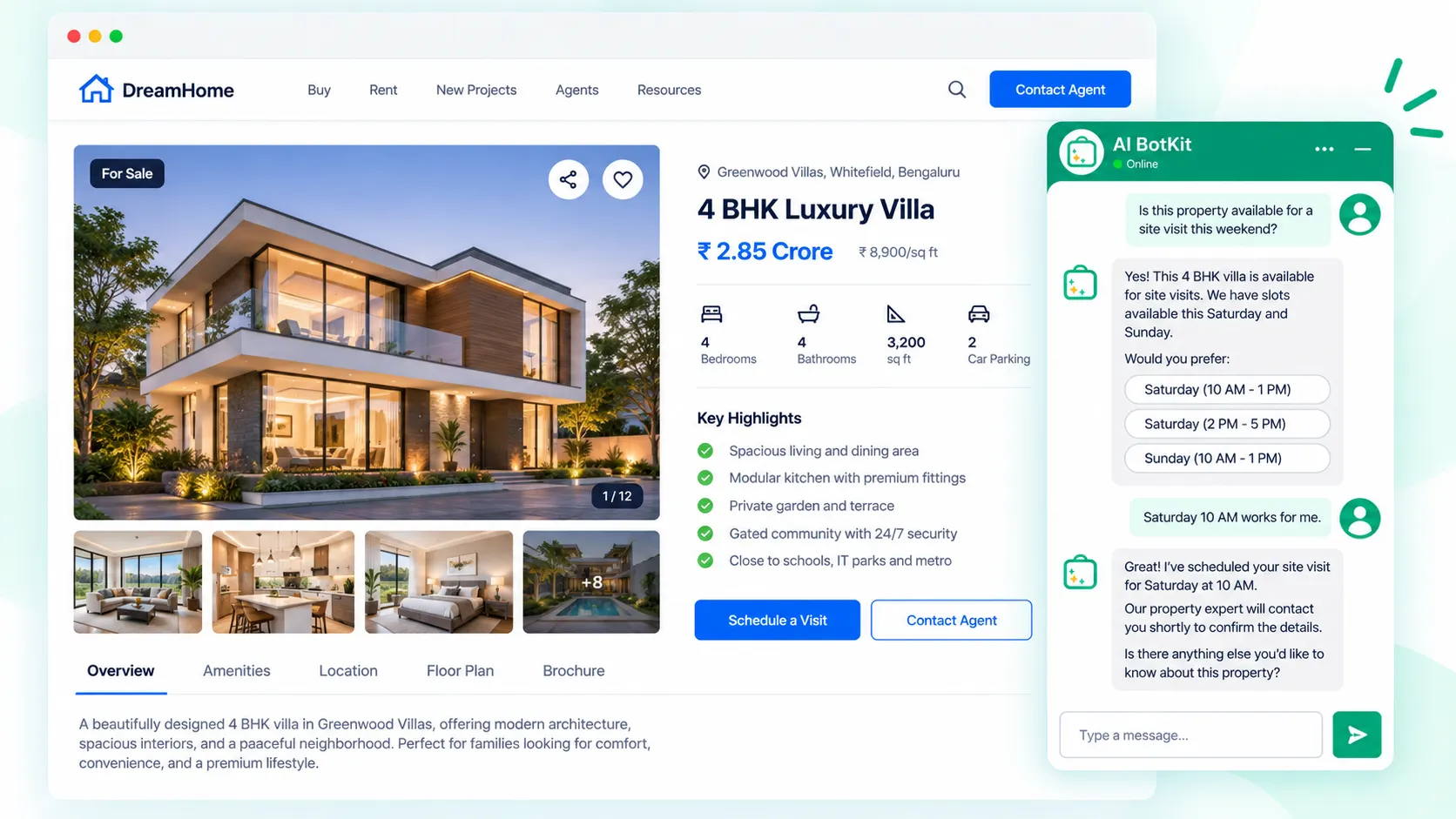 Chat widget open on a property listing page, answering a buyer's question about viewing availability