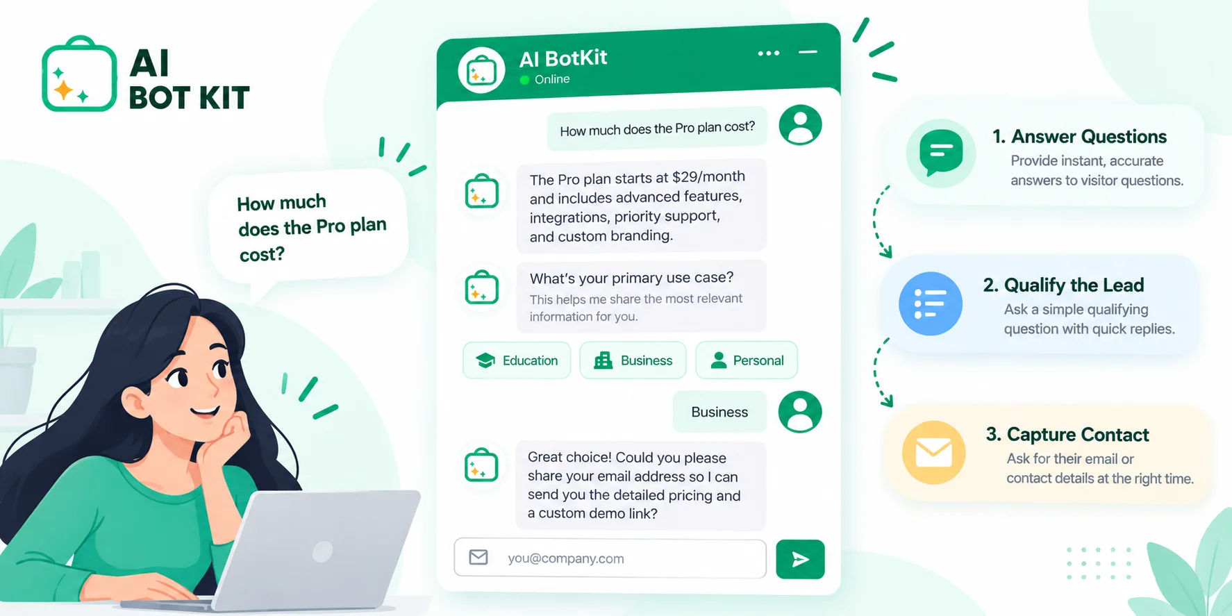 A website chat window where the bot answers a pricing question, then asks one qualifying question with three reply buttons
