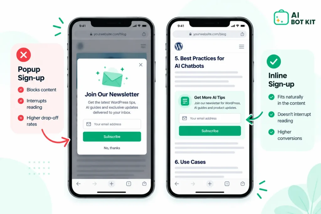Side-by-side phone screens, one with a full-screen newsletter popup covering an article, one with a small inline sign-up box between paragraphs