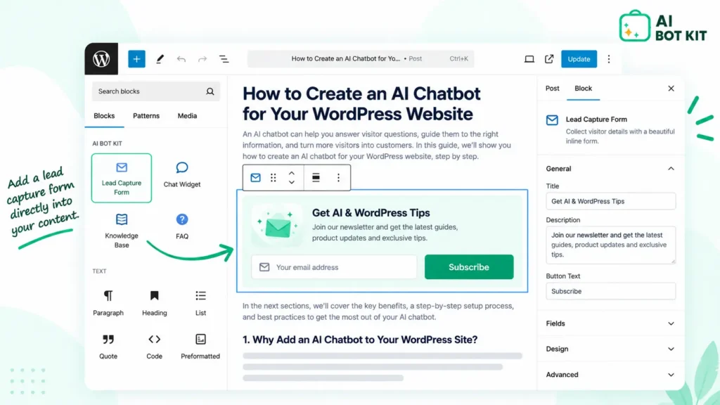 WordPress block editor with a form block inserted between two paragraphs of a blog post
