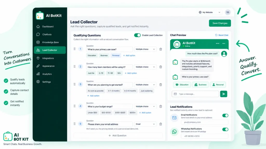 The AI BotKit lead collector settings, showing qualifying questions and email and WhatsApp notification options