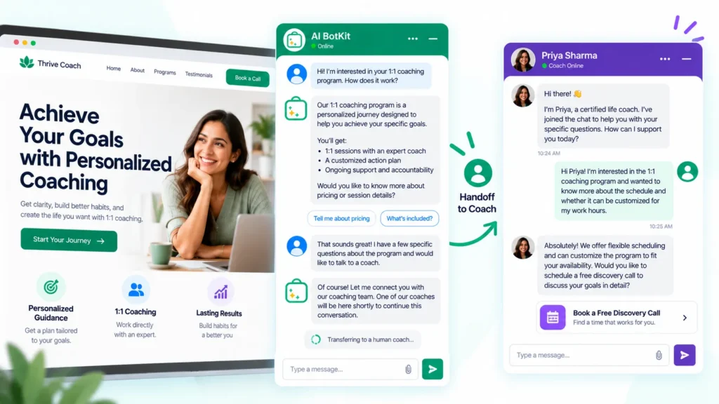 Coaching chatbot conversation showing an AI answer followed by a handoff to the coach for a personalized conversation
