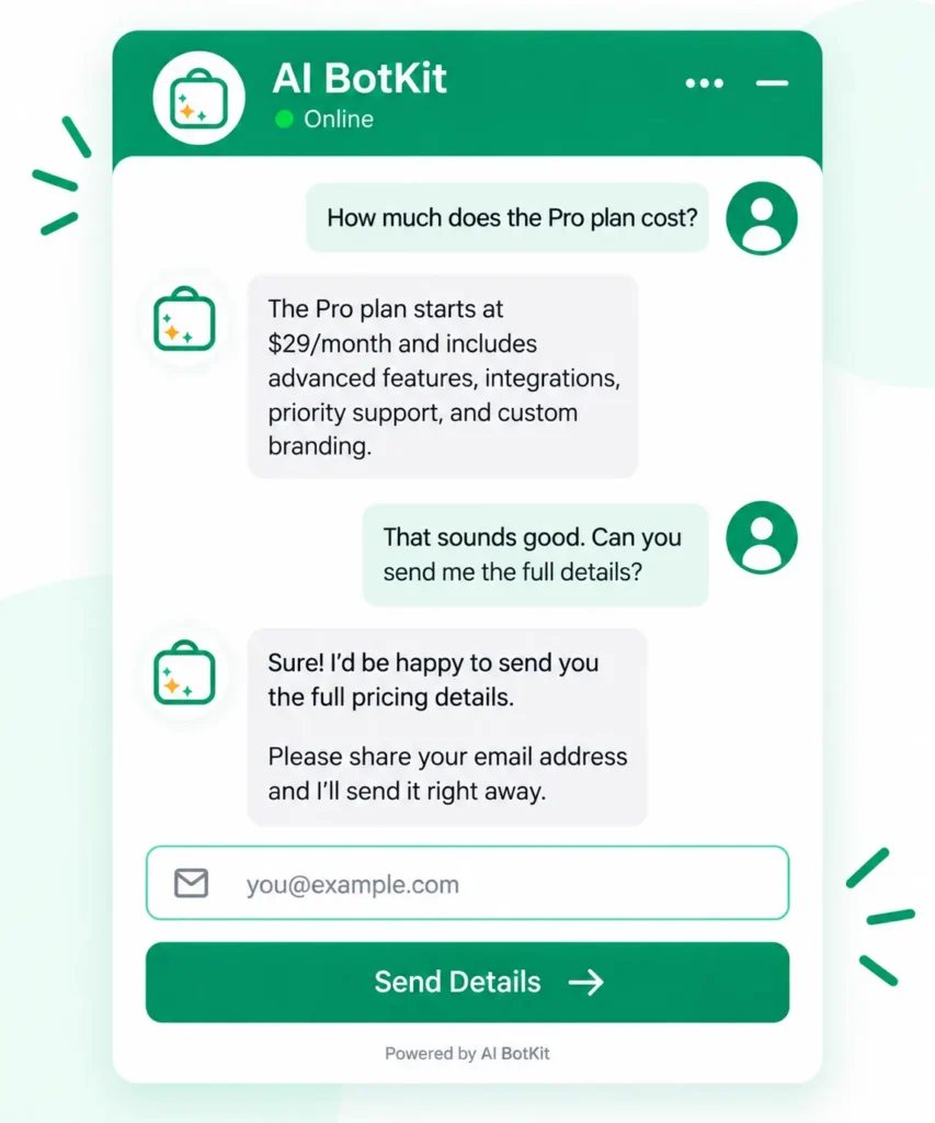 The AI BotKit chat widget answering a pricing question and then asking for an email address
