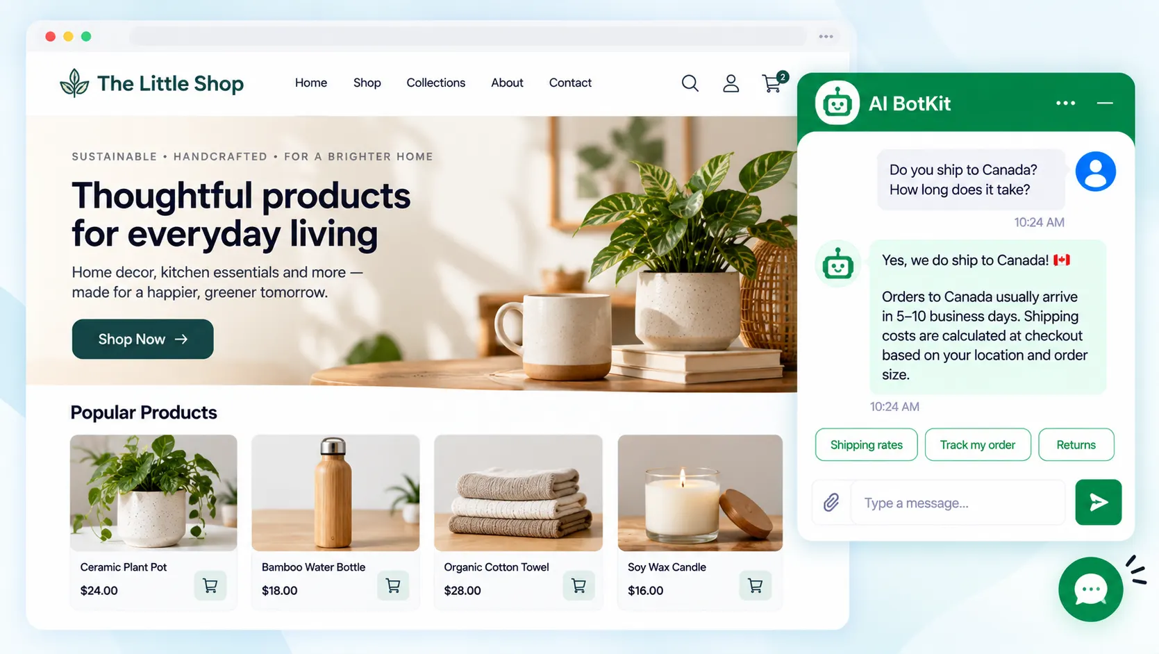 a small shop website with a chat widget answering a shipping question