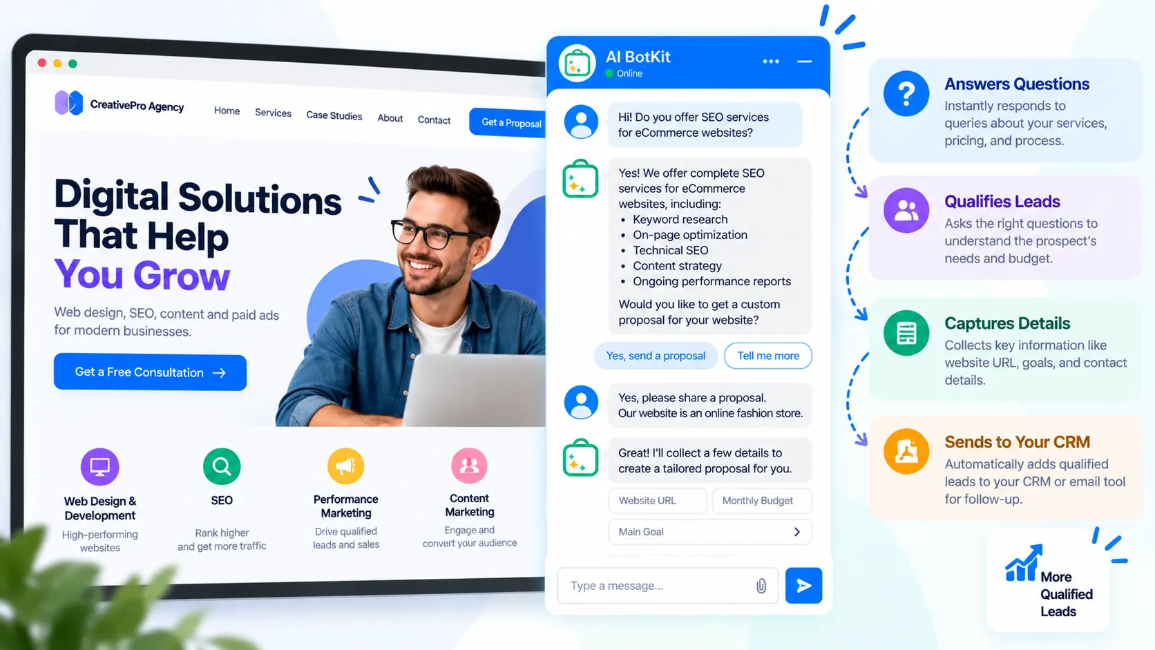 Agency website with a chat widget answering a prospect’s question about services