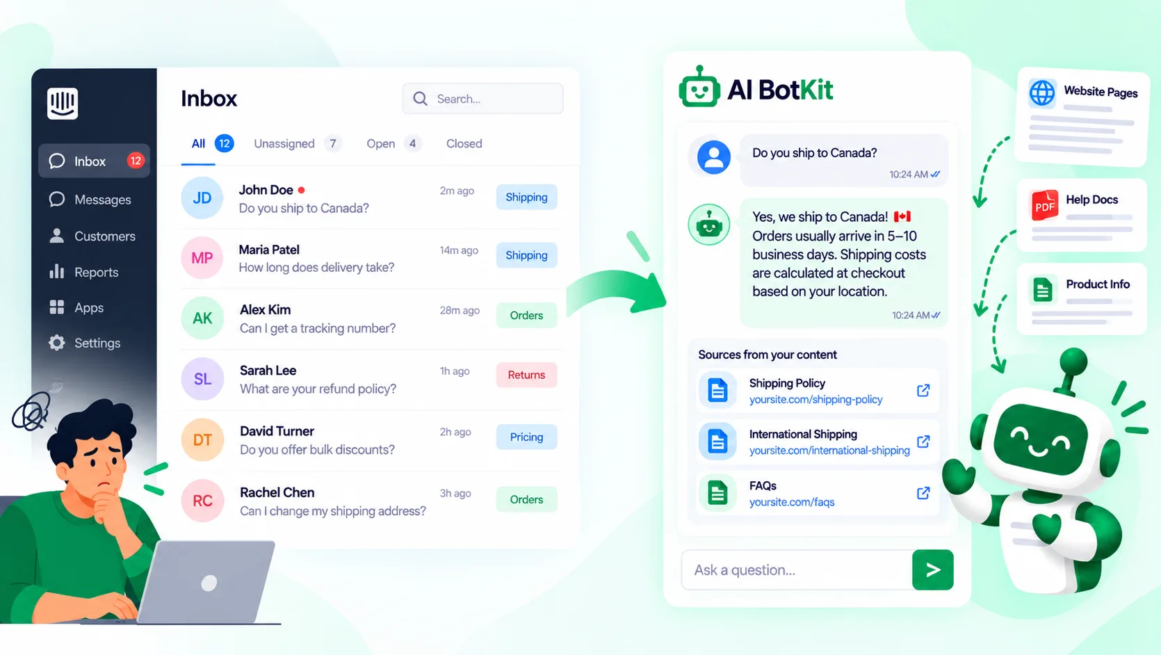 side-by-side view of a small business support inbox and an AI chat widget answering from website pages