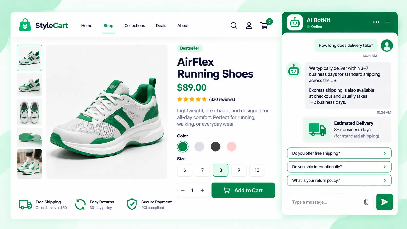 Chat widget open on an ecommerce product page answering a shipping question