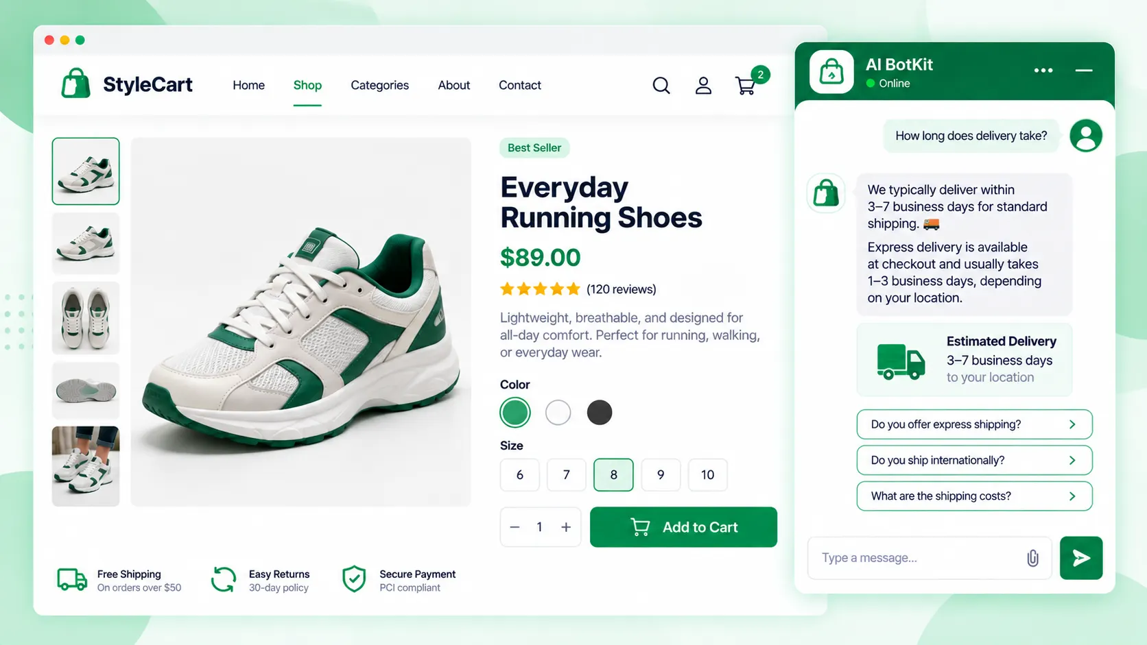 Chat widget open on a store product page answering a shopper’s delivery-time question