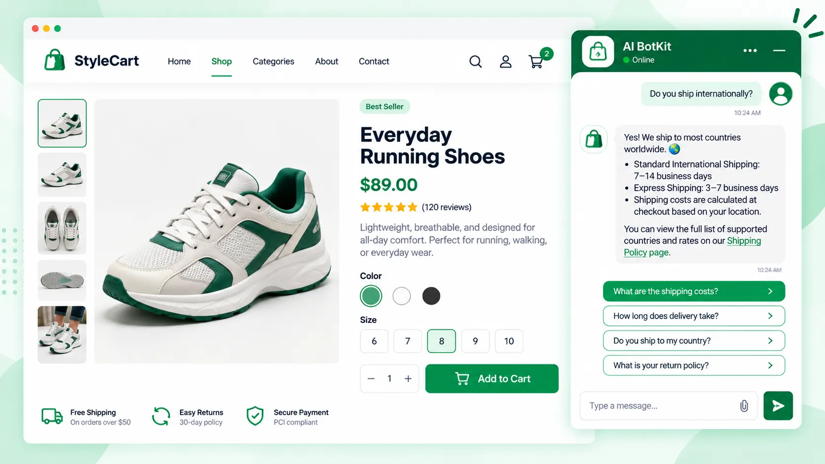 Chat widget open on a WooCommerce product page answering a shipping question
