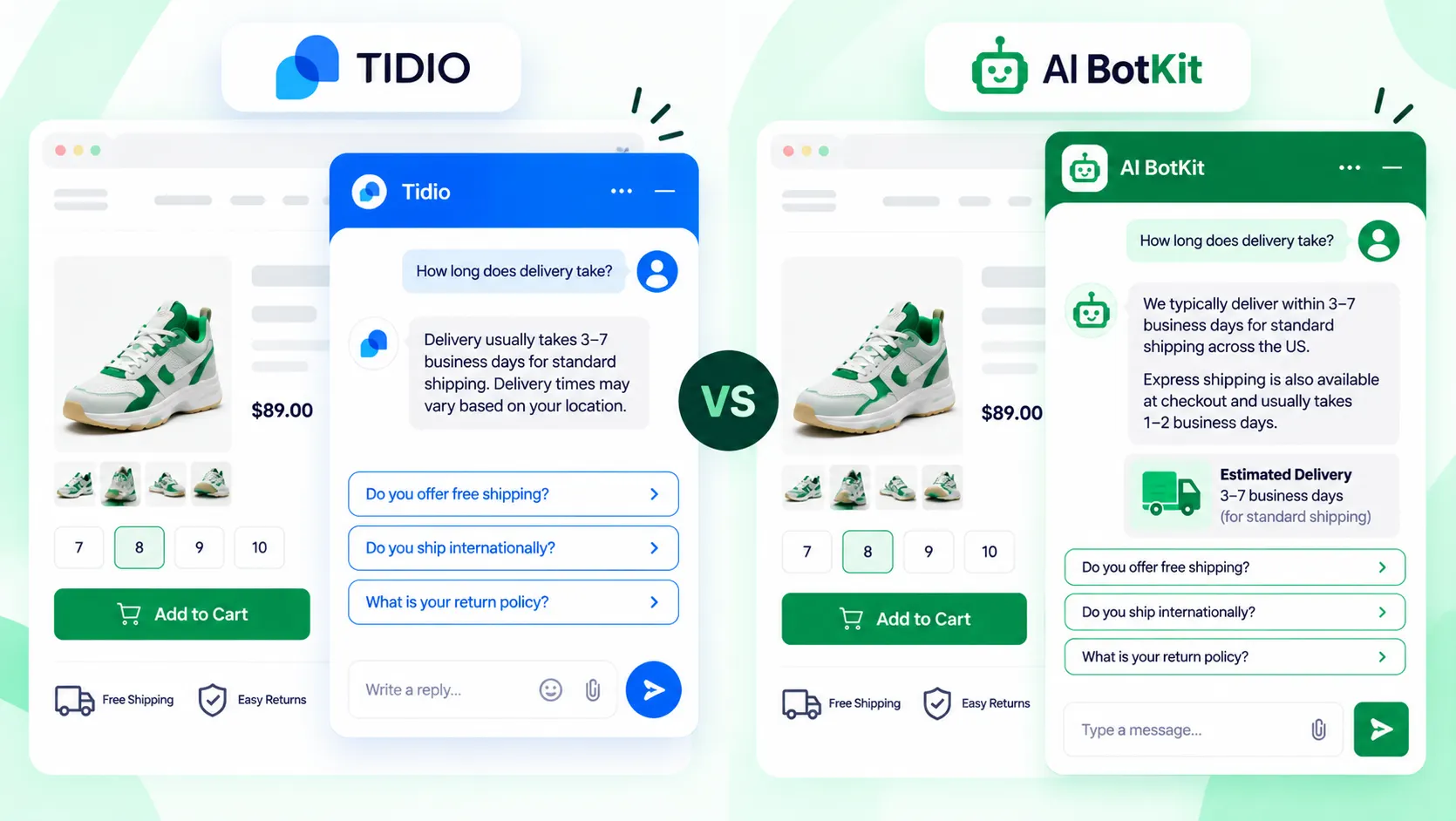 side-by-side view of a Tidio chat widget and an AI BotKit chat widget answering the same shipping question on a store page