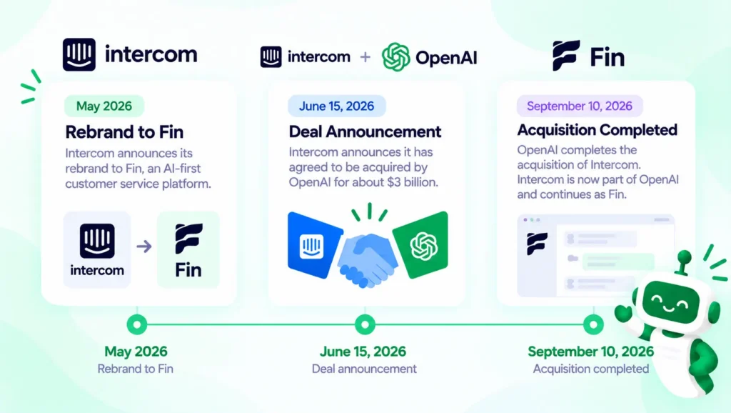 timeline showing the May 2026 rebrand to Fin, the June 15 deal announcement and the September 10 completion