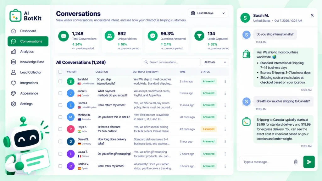 Conversations view listing shopper questions and the bot's replies