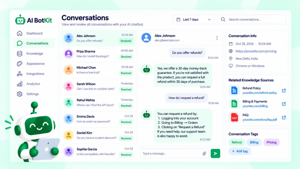 Conversation history screen showing visitor questions and the chatbot's replies