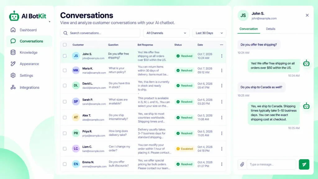 AI BotKit conversations screen listing shopper questions and the bot's replies for review