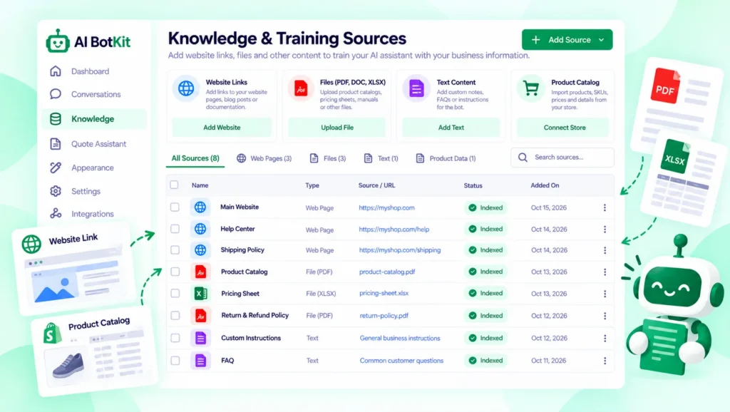 AI BotKit dashboard showing website links and uploaded PDFs as training sources